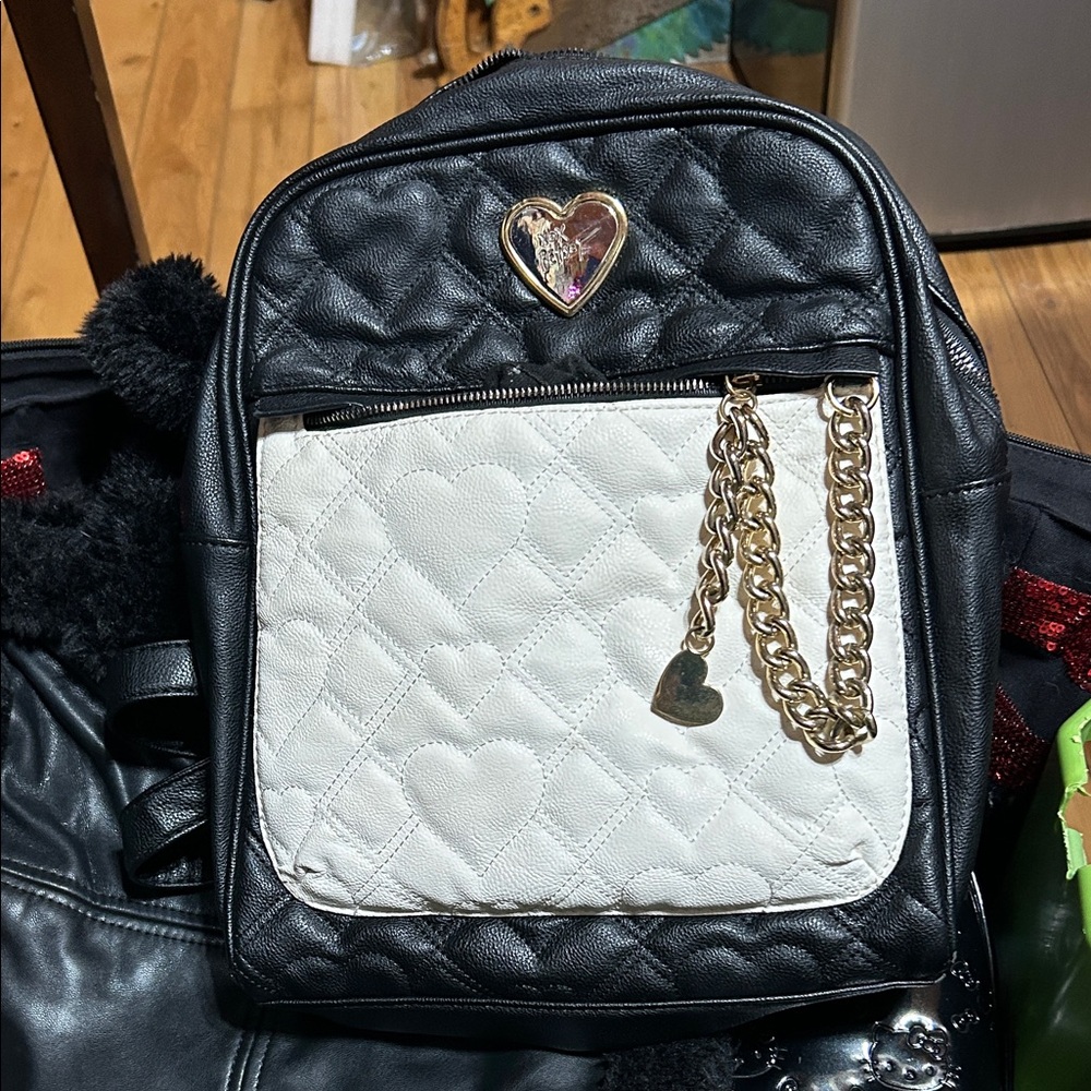 Betsey Johnson Quilted Heart Backpack with Gold Chain
